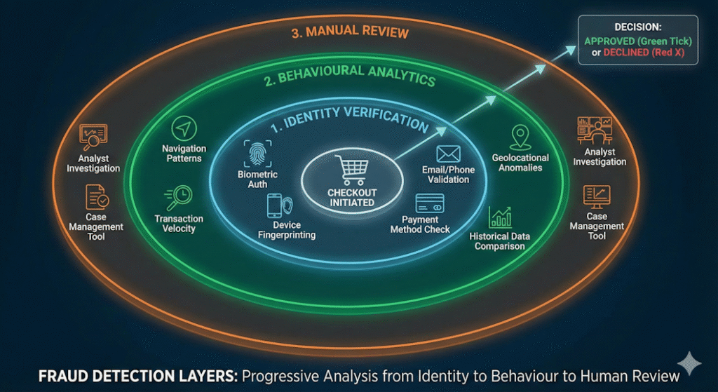 Progressive analysis for Fraud Detection from identity to behavious to human review.
