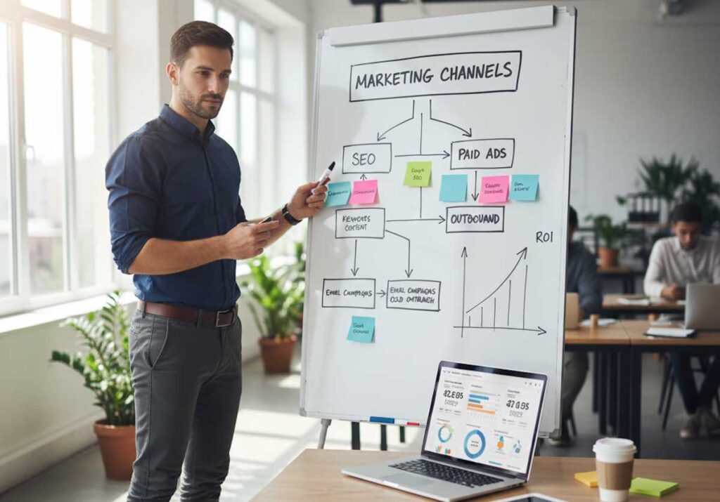 SaaS founder analyzing growth marketing channels on whiteboard with revenue metrics and CAC calculations