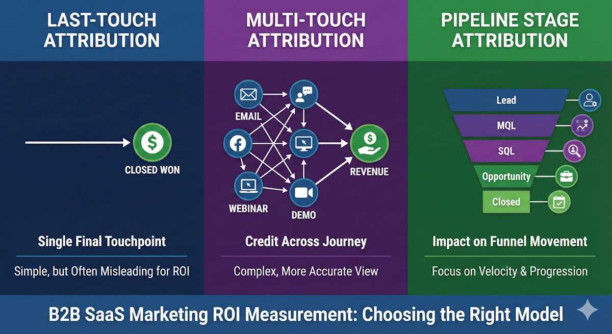 Comparison of last-touch, multi-touch, and pipeline stage attribution models for B2B SaaS marketing ROI measurement