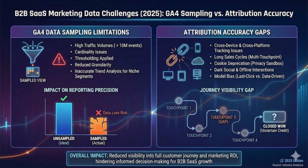 Chart showing GA4 data sampling limitations and attribution accuracy gaps affecting B2B SaaS 