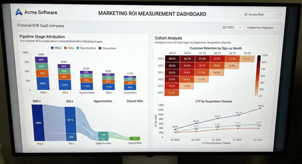 Marketing ROI measurement dashboard showing pipeline stage attribution and cohort analysis for B2B SaaS companies