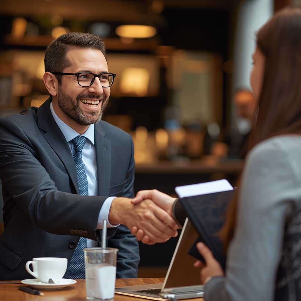Business professional shaking hands with journalist, symbolizing strong media relationships for local PR success