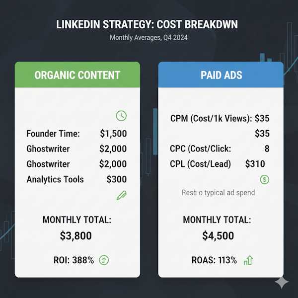 Detailed cost breakdown comparing LinkedIn organic vs paid advertising expenses for B2B SaaS"