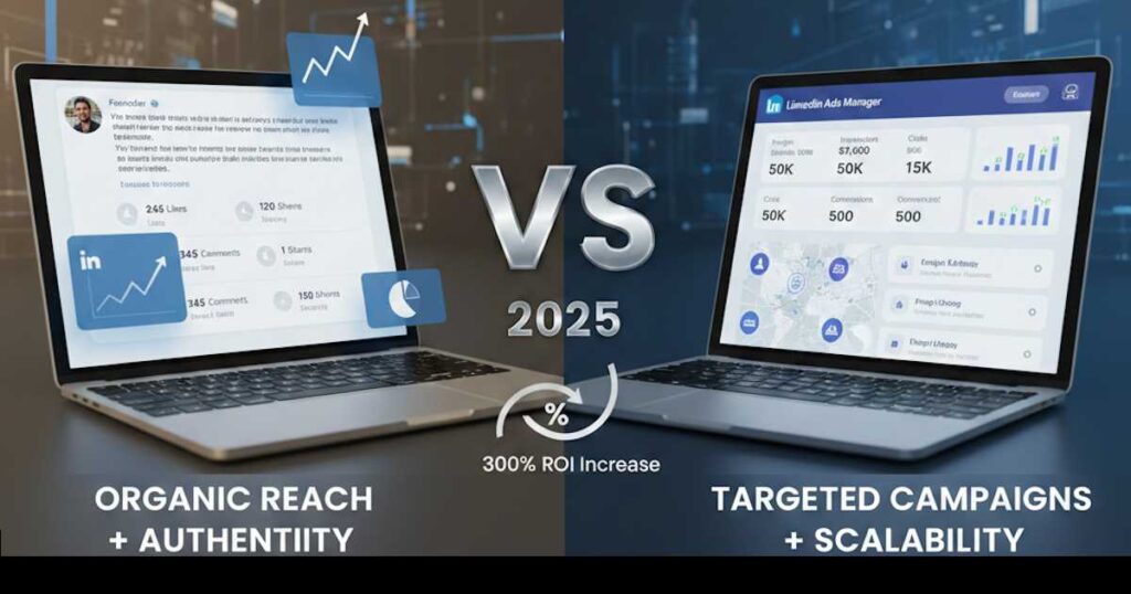 Comparison chart showing LinkedIn organic vs paid advertising ROI for B2B SaaS companies in 2025