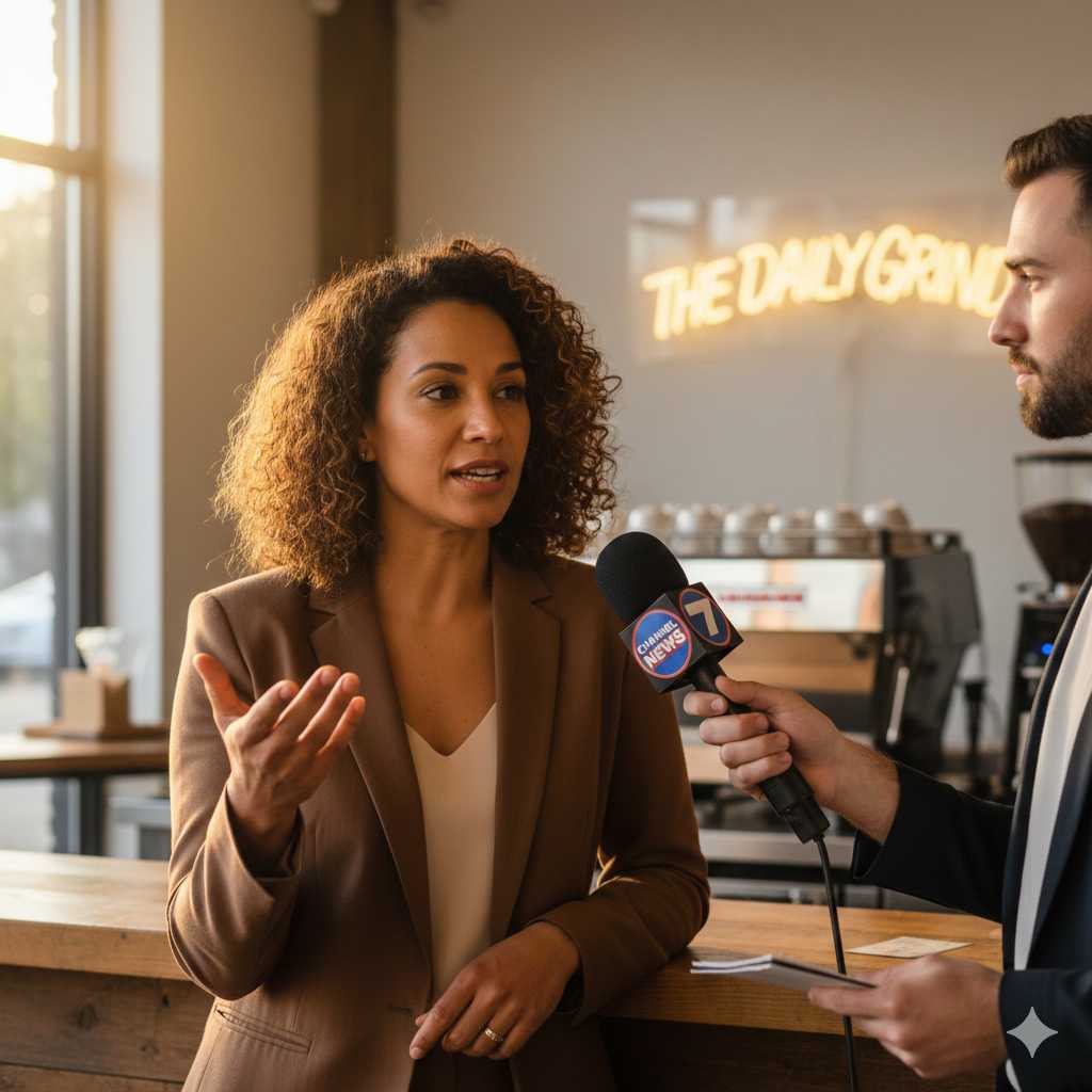 Small business owner being interviewed by local news reporter with microphone, representing successful local PR strategies and media coverage