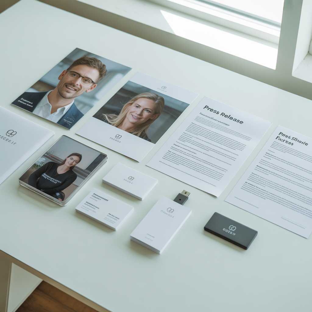 Professional media kit layout showing press release, business photos, and contact information for local PR outreach