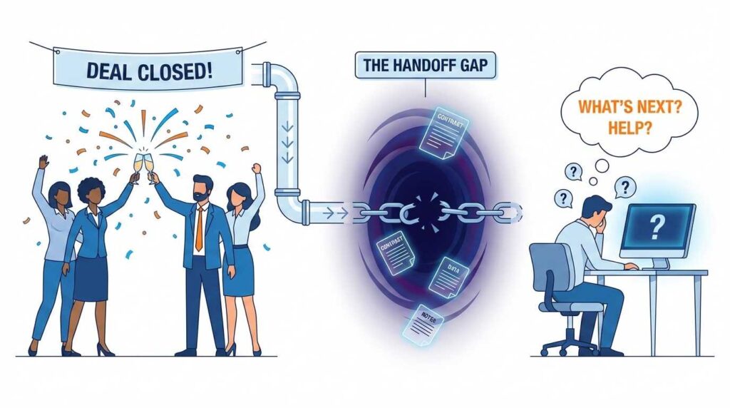 Visual representation of failed customer onboarding showing the gap between sales celebration and customer churn at 90 days