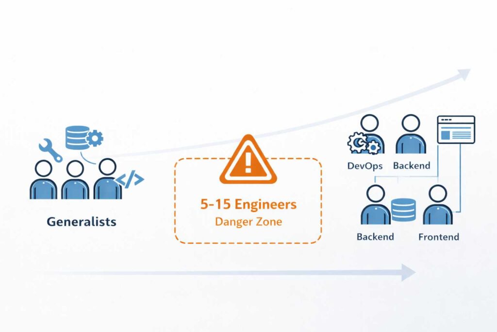 Early stage engineering team structure diagram showing the transition from generalists to specialists with 5-15 engineer danger zone highlighted