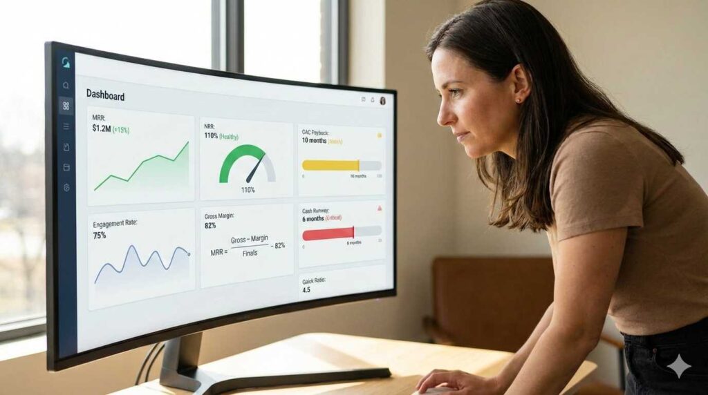 Founder reviewing SaaS metrics dashboard showing MRR, churn, and engagement metrics with clear visual indicators
