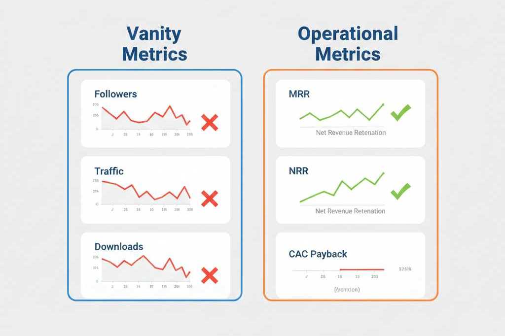 Side-by-side comparison chart showing vanity metrics (followers, traffic, total users) versus operational metrics (MRR, NRR, CAC payback)"