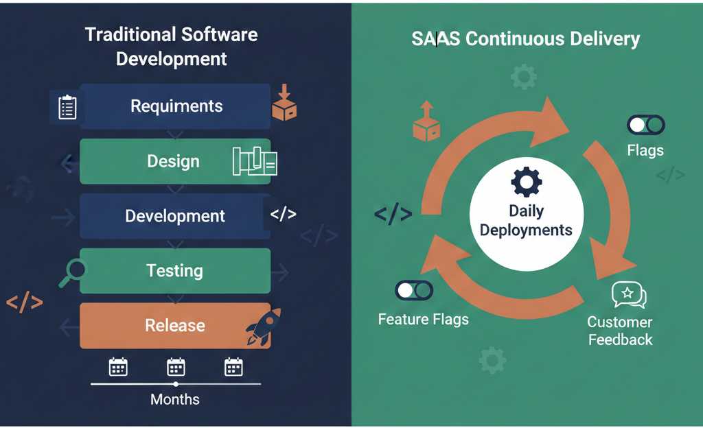 Flowchart illustrating automated CI/CD pipeline from code commit through testing, staging, and progressive production rollout