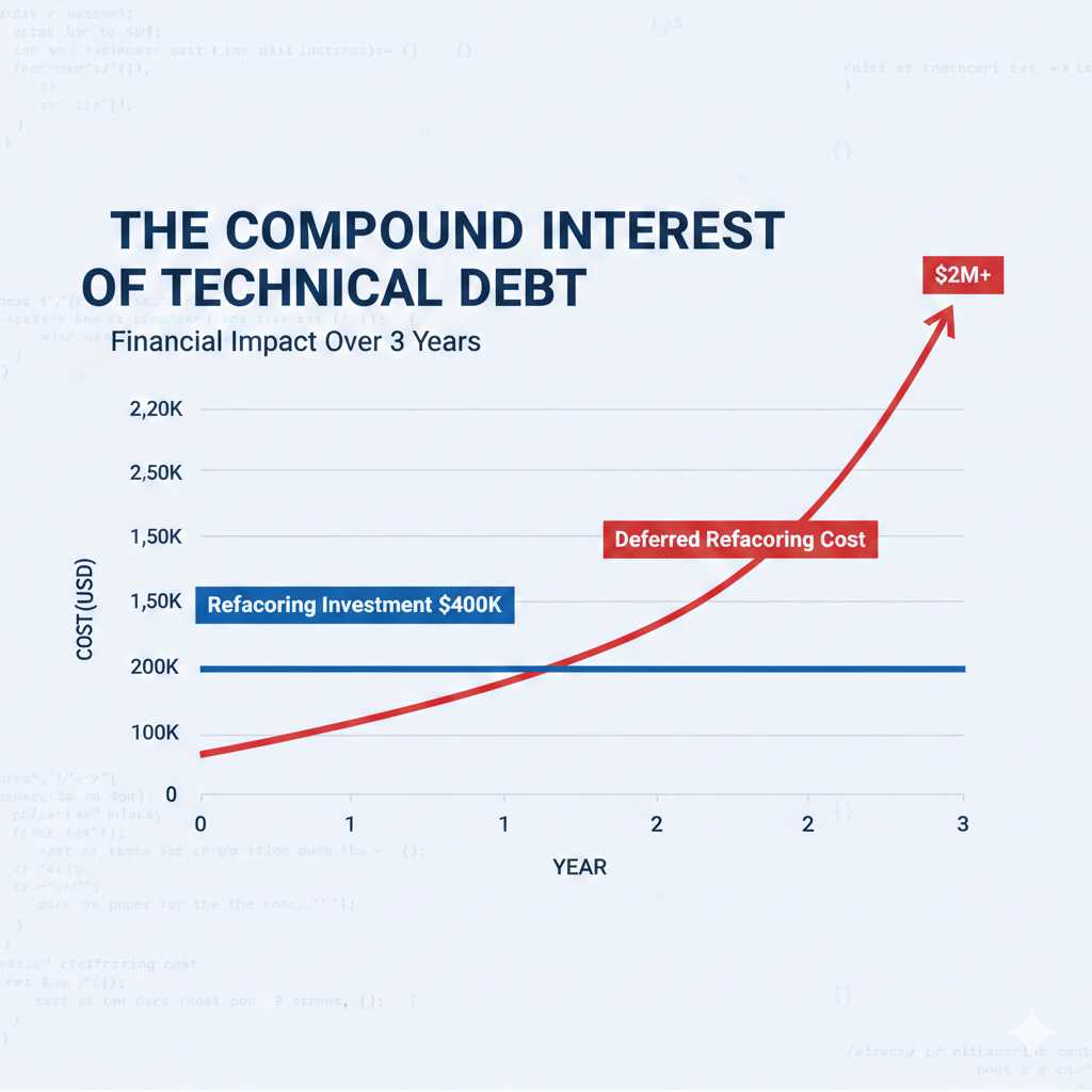 echnical debt compound interest graph showing exponential cost growth from deferred refactoring over 3 years for B2B SaaS companies