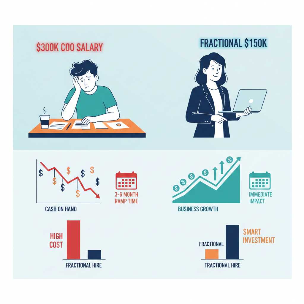 Modern infographic comparing fractional vs full-time executive costs for B2B SaaS companies with ROI calculations