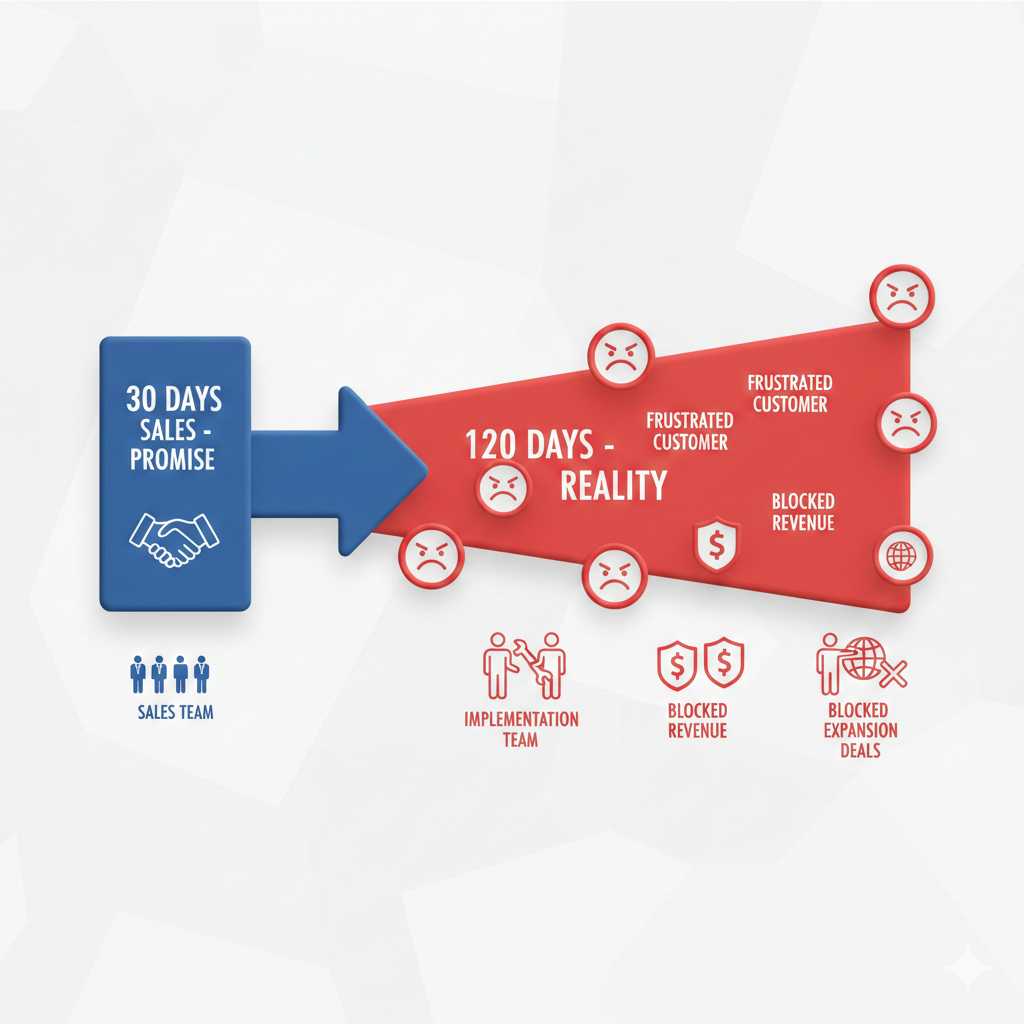 Diagram showing SaaS implementation timeline expanding from 30-day promise to 120-day reality with blocked expansion revenue