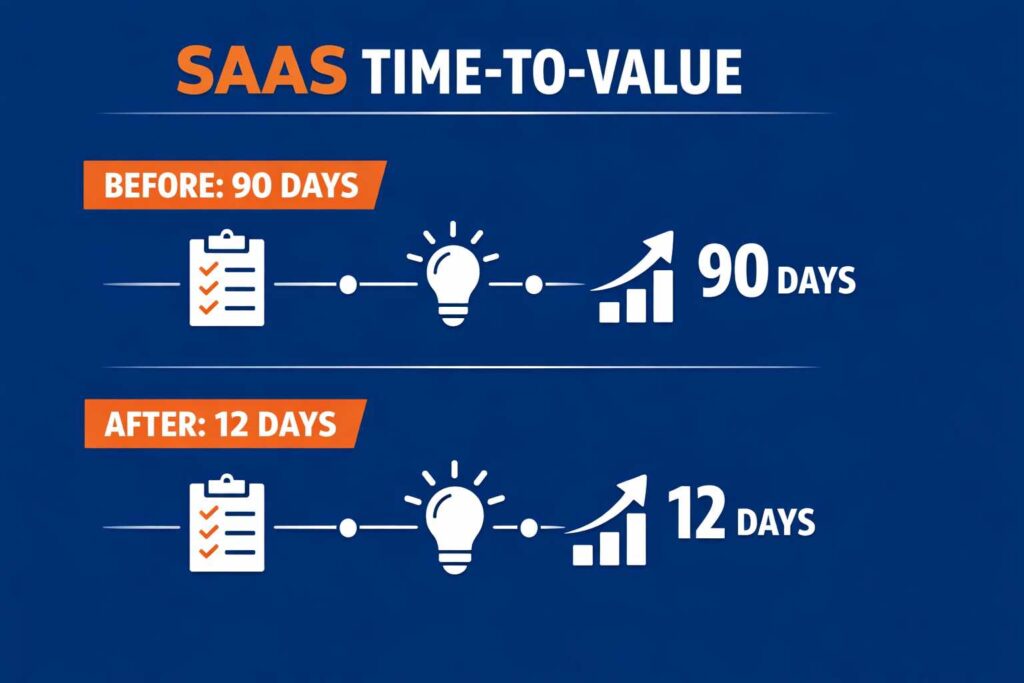 Professional analyzing B2B SaaS onboarding funnel and time-to-value metrics on multiple screens, representing data-driven onboarding optimization
