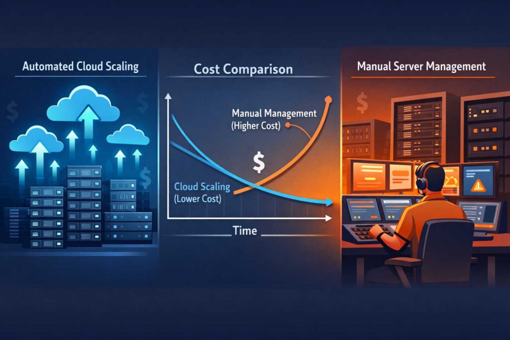 Comparison of auto-scaling versus manual scaling infrastructure costs showing server clusters and cost graphs for SaaS companies
