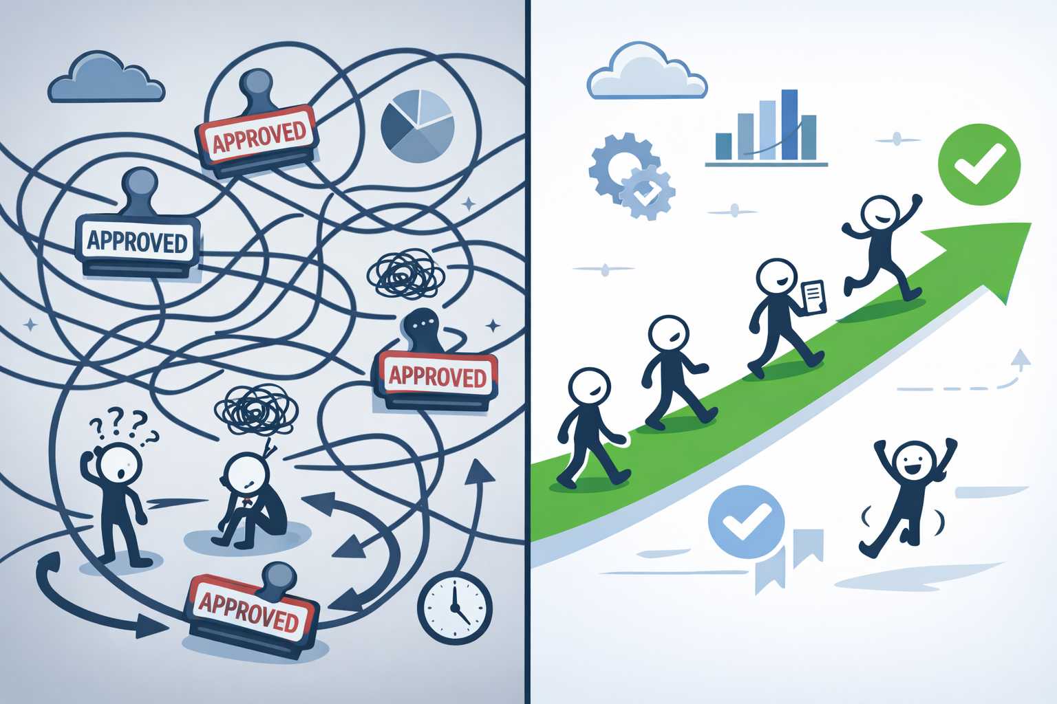 Visual representation of streamlined SaaS processes versus bureaucratic workflows showing efficiency comparison"