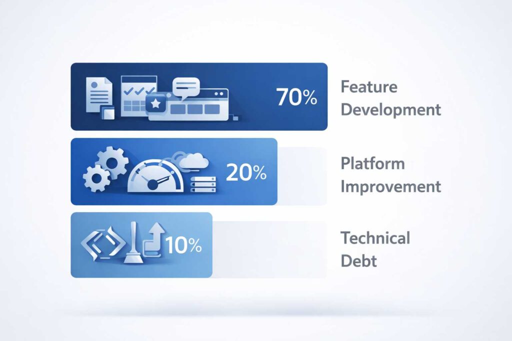 Professional diagram illustrating the 70/20/10 allocation framework with three distinct sections showing feature development, platform improvements, and technical debt paydown